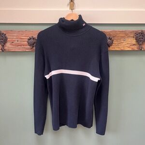 Vintage Polo  Ralph Lauren Navy Blue Ribbed Turtleneck Sweater XL Cotton Stripe